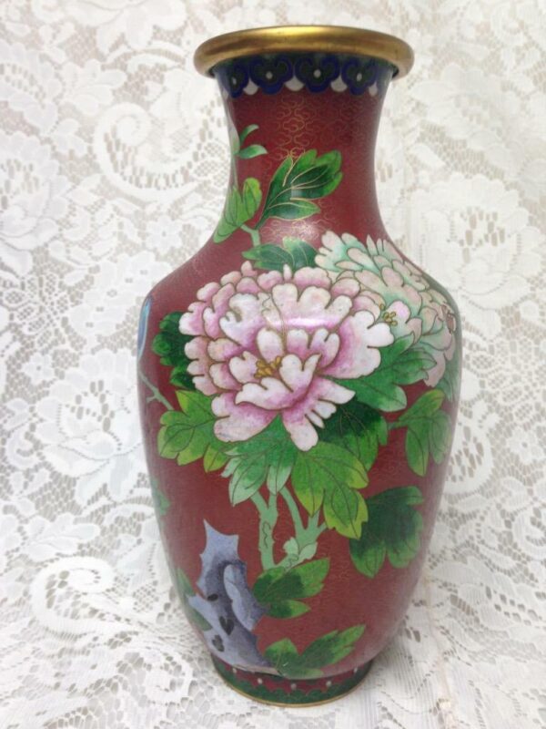 Vintage, Beautiful, Large 10.5in x 5in Red Floral Cloissone’ Vase