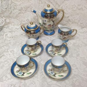 1908 Antique, Noritake Japan, Gaudy Blue Willow 13pc DemitasseTea Set for 4