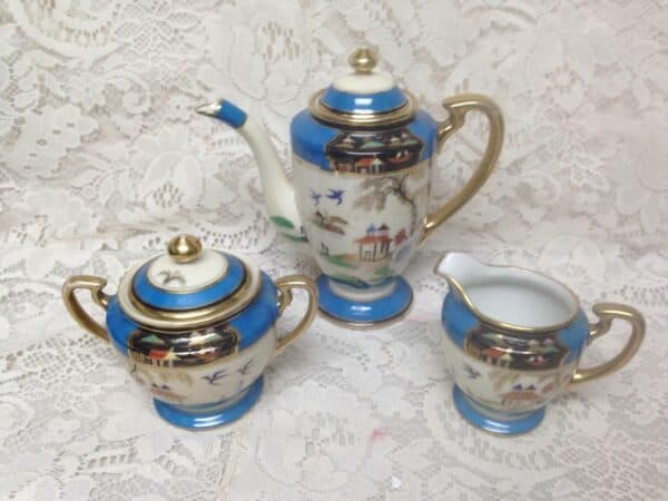 1908 Antique, Noritake Japan, Gaudy Blue Willow 13pc DemitasseTea Set for 4