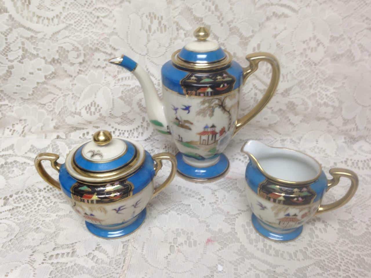 1908 Antique, Noritake Japan, Gaudy Blue Willow 13pc DemitasseTea Set for 4