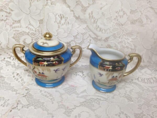 1908 Antique, Noritake Japan, Gaudy Blue Willow 13pc DemitasseTea Set for 4