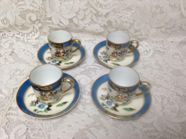 1908 Antique, Noritake Japan, Gaudy Blue Willow 13pc DemitasseTea Set for 4