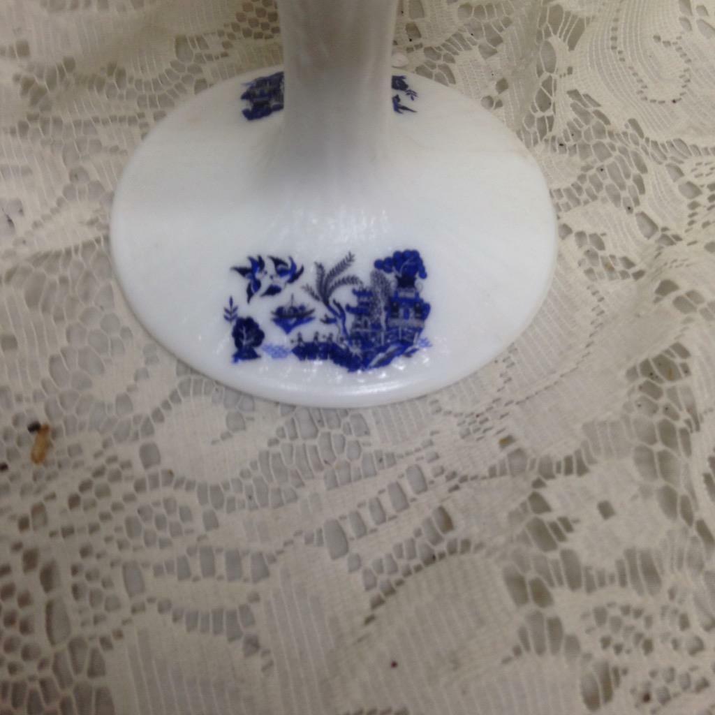 Vintage, Milk Glass, Blue Willow Stemmed Goblet or Dessert Cup 7in H x 4.5in D