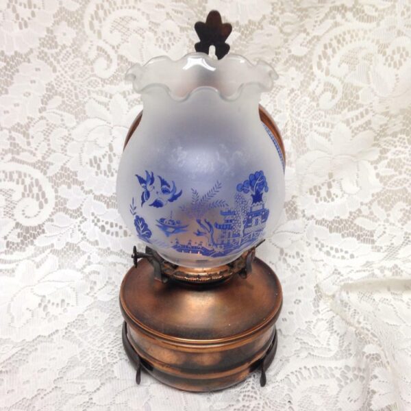 Vintage, Rare, Beautiful 4-pc Blue Willow-Copper Oil Lamp/ Reflector 10in x 6in