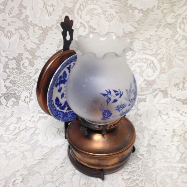 Vintage, Rare, Beautiful 4-pc Blue Willow-Copper Oil Lamp/ Reflector 10in x 6in