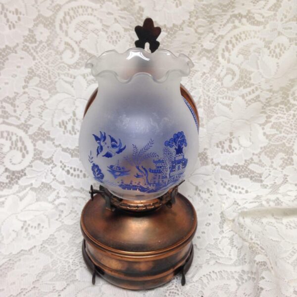 Vintage, Rare, Beautiful 4-pc Blue Willow-Copper Oil Lamp/ Reflector 10in x 6in