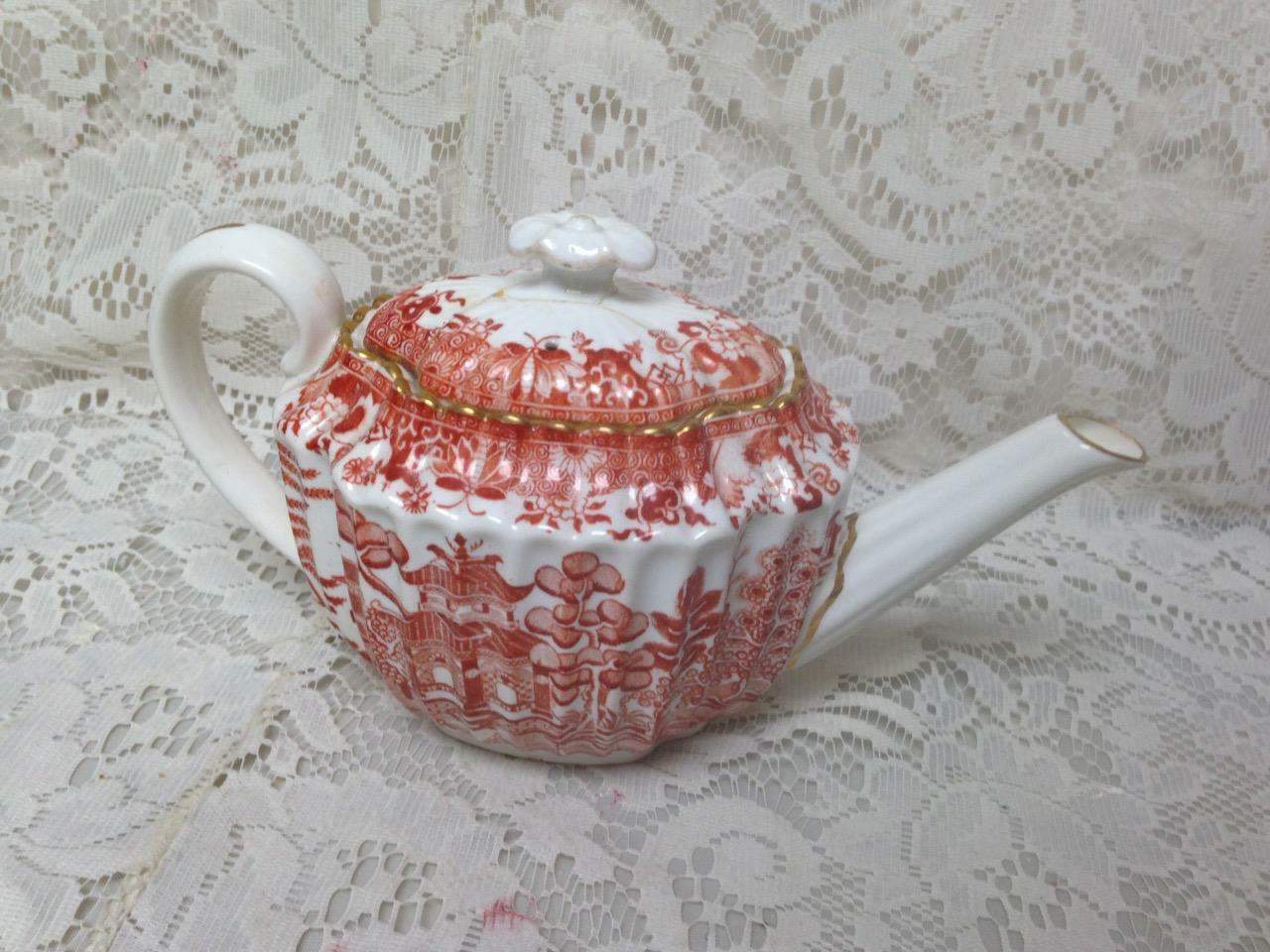 Antique, Spode-Copeland England, Variant Orange Red- Blue Willow 2pc Demi Teapot