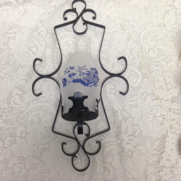 Cast Iron, Blue Willow Frosted Glass Chimney Wall Sconce