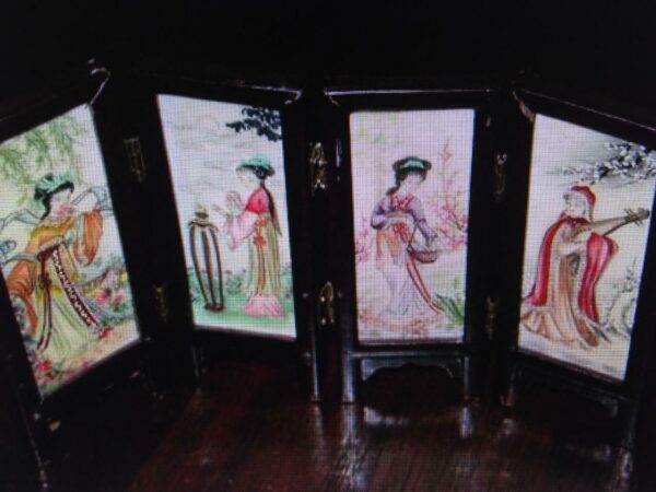 Oriental Painting on Porcelain-Miniature Folding Screen-Dividers