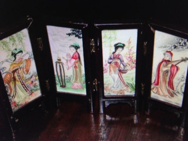 Oriental Painting on Porcelain-Miniature Folding Screen-Dividers