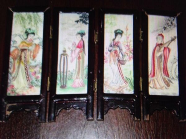 Oriental Painting on Porcelain-Miniature Folding Screen-Dividers