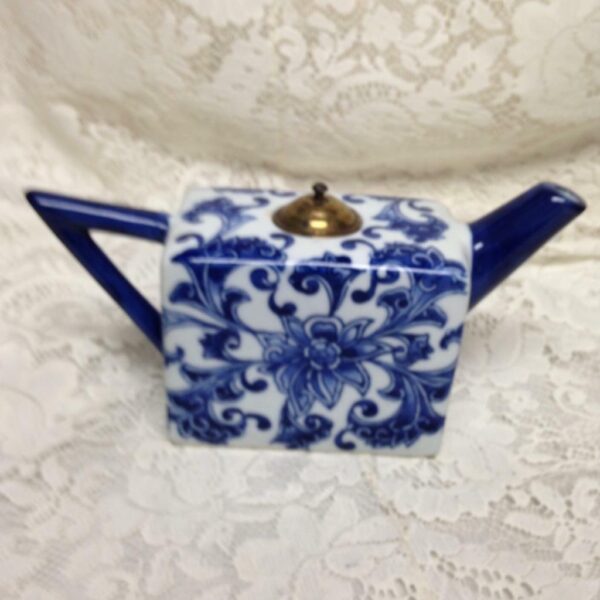 Unusual Blue and White Floral Teapot 10in x 3in x 5.5in