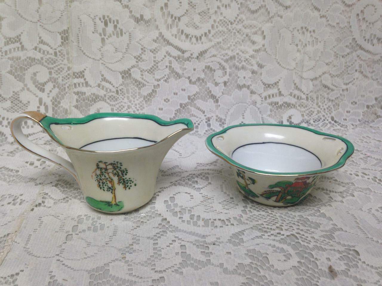 Art Deco, Noritake Japan, Variant Gaudy Blue Willow 2pc Creamer and Sugar