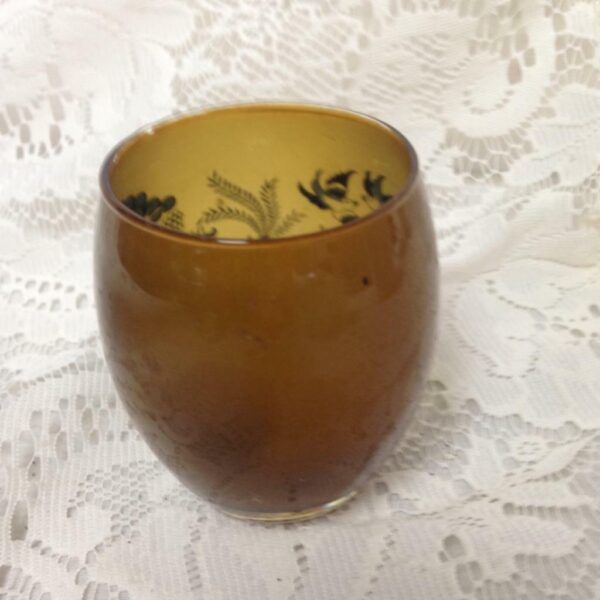 Blue Willow Amber Glass Candle Holder 3.5in H x 2.5in D