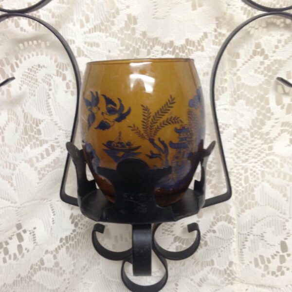 Blue Willow Amber Glass Candle Holder 3.5in H x 2.5in D