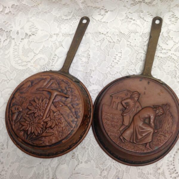 Vintage, Pair of Copper Decorative Embossed Skillet Cake Mold 11.5in L x 6in D