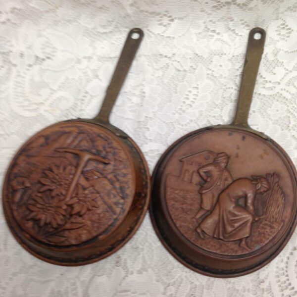 Vintage, Pair of Copper Decorative Embossed Skillet Cake Mold 11.5in L x 6in D