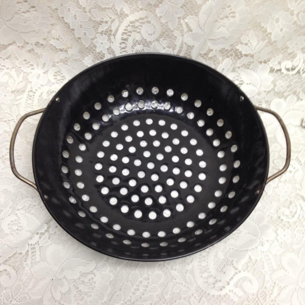 Vintage, Black Enamel Collander. 13in x 11in x 3in