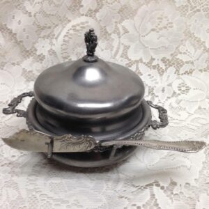 Antique, Colonial Silver Co., 4pc Quadruple Silver-plated Butter Bowl with Knife