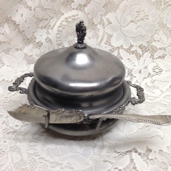 Antique, Colonial Silver Co., 4pc Quadruple Silver-plated Butter Bowl with Knife