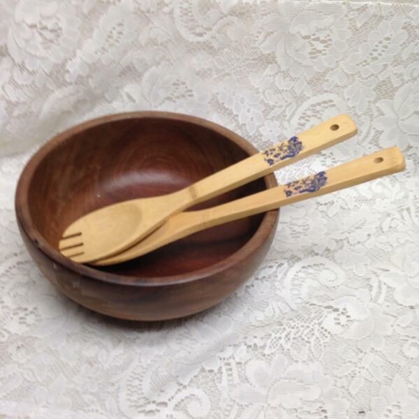 Vintage, 3pc Round Wooden Salad or Pasta Bowl with Blue Willow Utensils