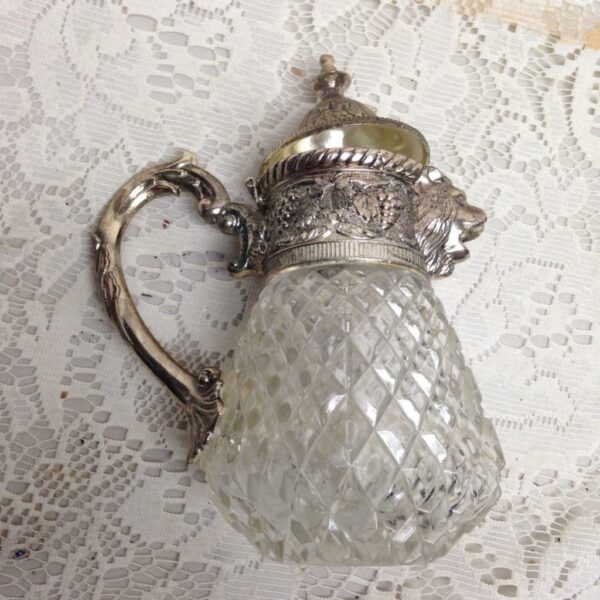 Vintage, A. Price Figural Lion's Head Silver Plated-Crystal Syrup Jug 6.5in x5in