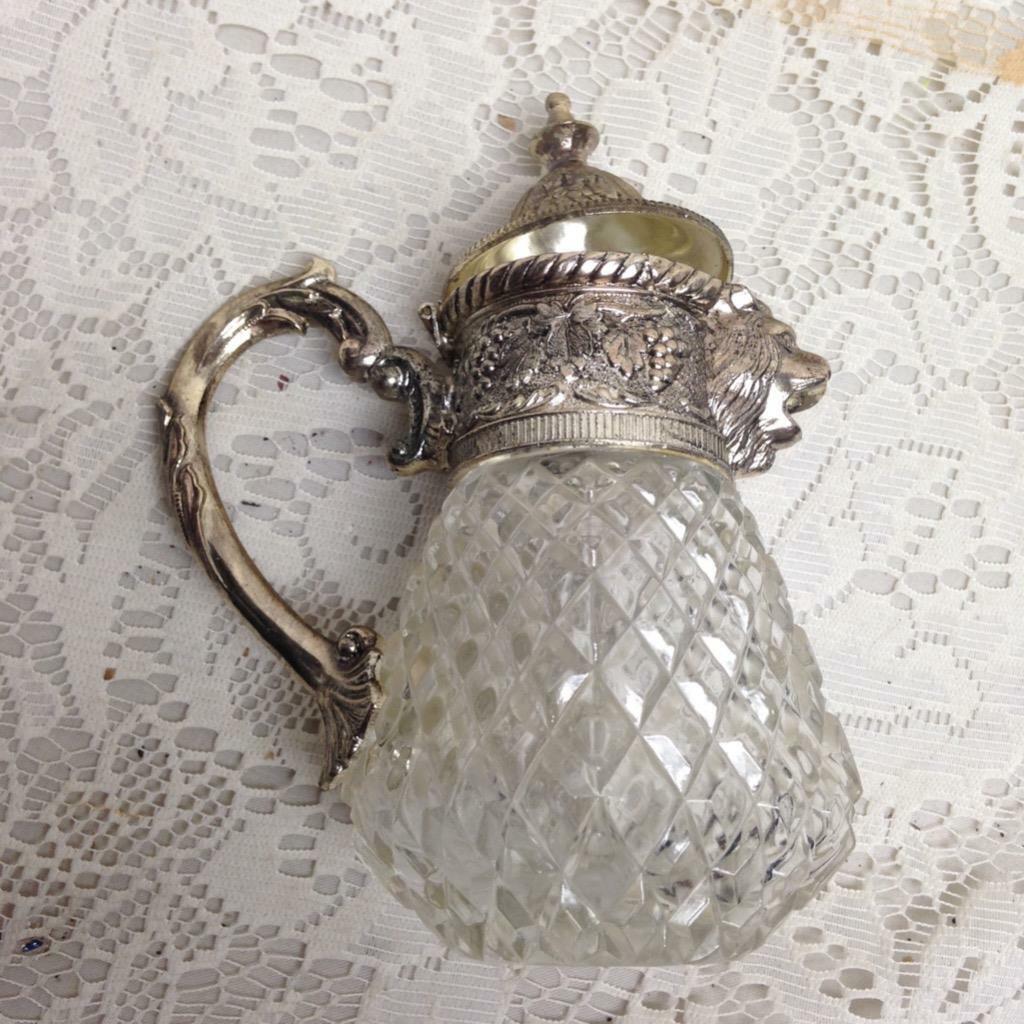 Vintage, A. Price Figural Lion’s Head Silver Plated-Crystal Syrup Jug 6.5in x5in