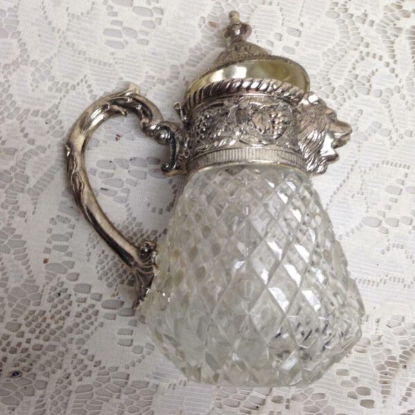 Vintage, A. Price Figural Lion's Head Silver Plated-Crystal Syrup Jug 6.5in x5in