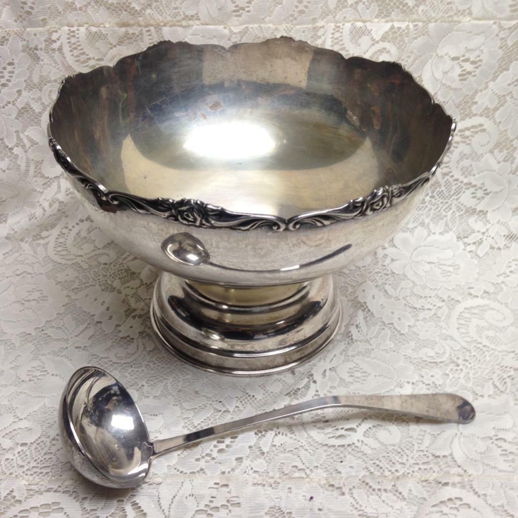 Vintage 4pc Silver Plated Punch-Soup-Pasta-Salad Bowl with 3 Ladles 9inH x 12inD