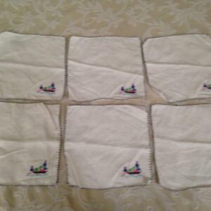 Vintage,6pc Needlework, Oriental Table Napkins or Hankies 9in Sq