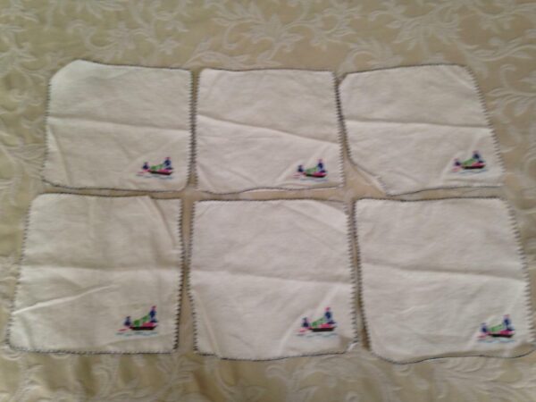 Vintage,6pc Needlework, Oriental Table Napkins or Hankies 9in Sq