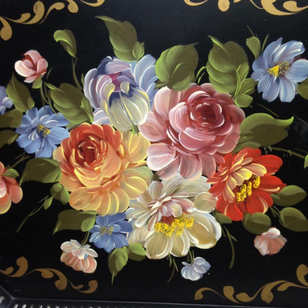 Vintage, Large Floral Tole Serving Tray 24in x 17.5in