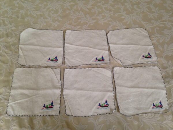 Vintage,6pc Needlework, Oriental Table Napkins or Hankies 9in Sq