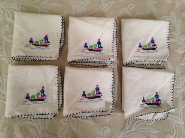 Vintage,6pc Needlework, Oriental Table Napkins or Hankies 9in Sq