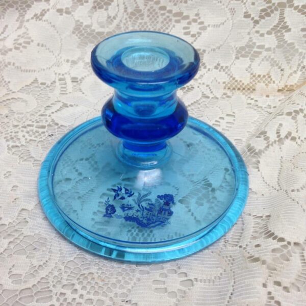 Vintage, Blue Willow, Clear Blue Glass Candle Stand 4in H x 5in D