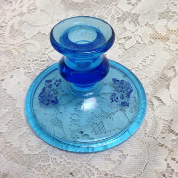 Vintage, Blue Willow, Clear Blue Glass Candle Stand 4in H x 5in D