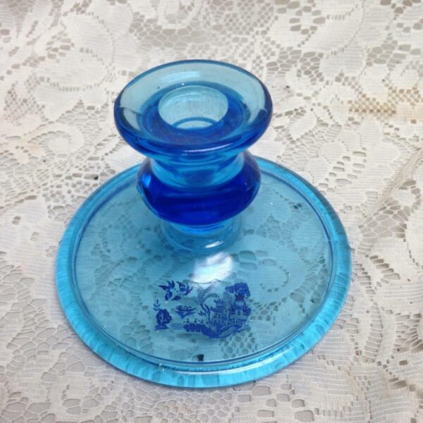 Vintage, Blue Willow, Clear Blue Glass Candle Stand 4in H x 5in D