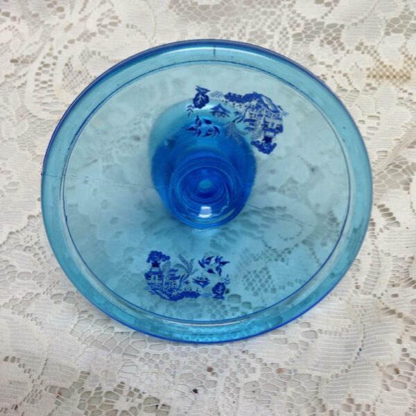 Vintage, Blue Willow, Clear Blue Glass Candle Stand 4in H x 5in D