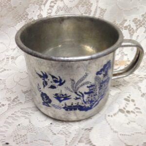 Vintage, Silver Plated Mug with Blue Willow Design 4inH x 6in W x 4.5in D