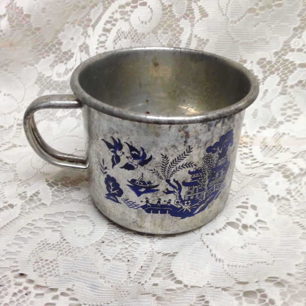 Vintage, Silver Plated Mug with Blue Willow Design 4inH x 6in W x 4.5in D