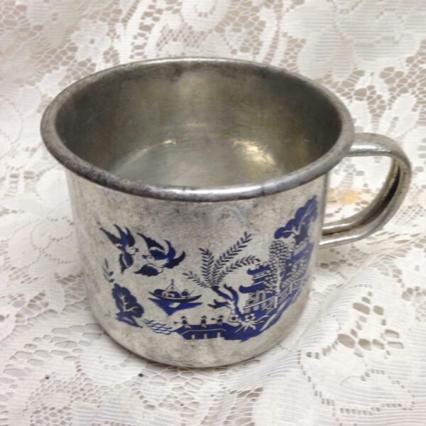 Vintage, Silver Plated Mug with Blue Willow Design 4inH x 6in W x 4.5in D