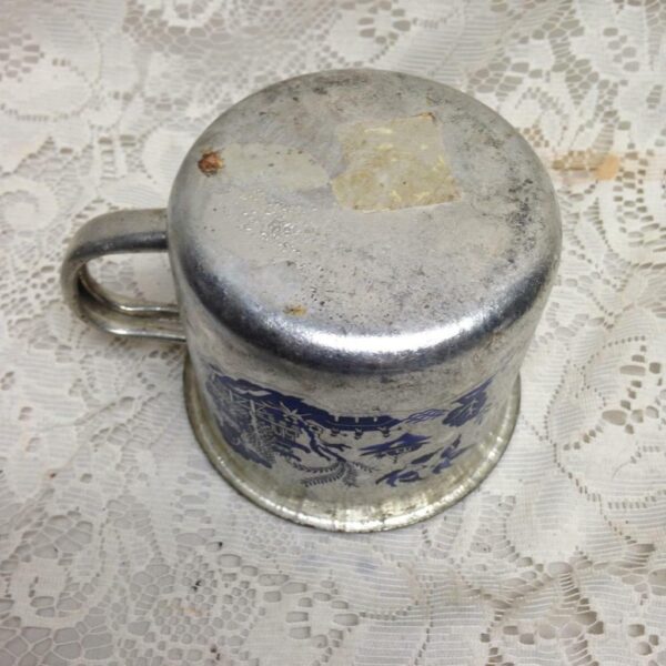 Vintage, Silver Plated Mug with Blue Willow Design 4inH x 6in W x 4.5in D