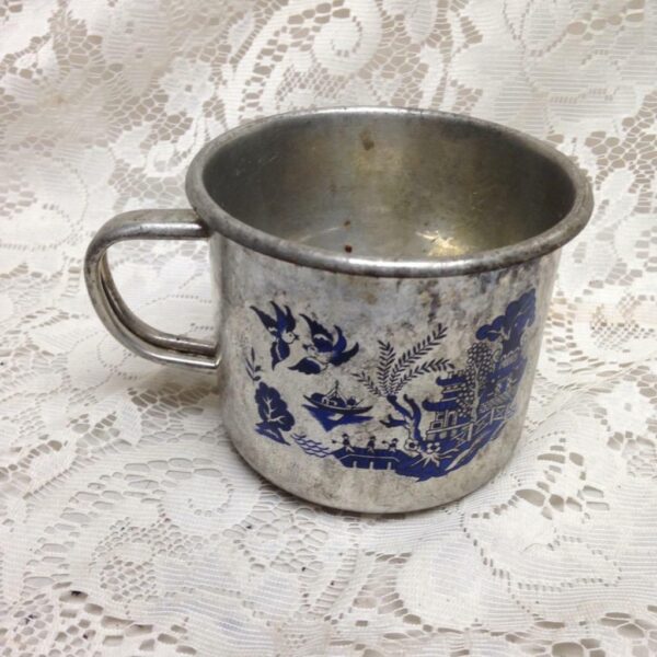 Vintage, Silver Plated Mug with Blue Willow Design 4inH x 6in W x 4.5in D