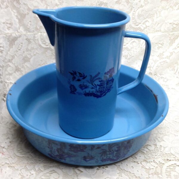 Antique, Rare, French Blue Willow Enamelware Set, Wash Bowl 16in-Pitcher 12in H