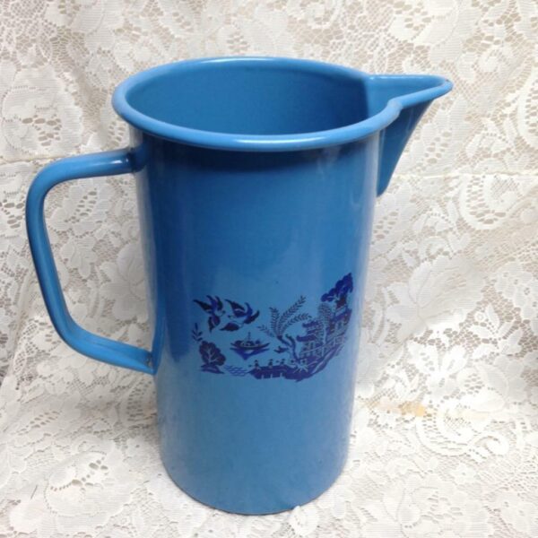 Antique, Rare, French Blue Willow Enamelware Set, Wash Bowl 16in-Pitcher 12in H