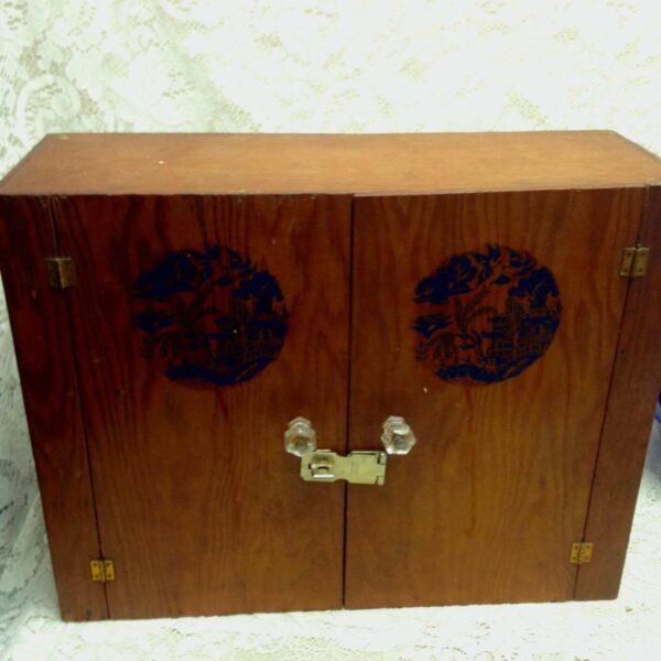 Vintage Blue Willow 18in x 14in Wooden Food or Collectors Cabinet