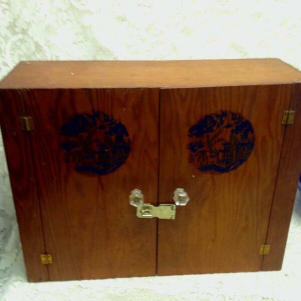 Vintage Blue Willow 18in x 14in Wooden Food or Collectors Cabinet