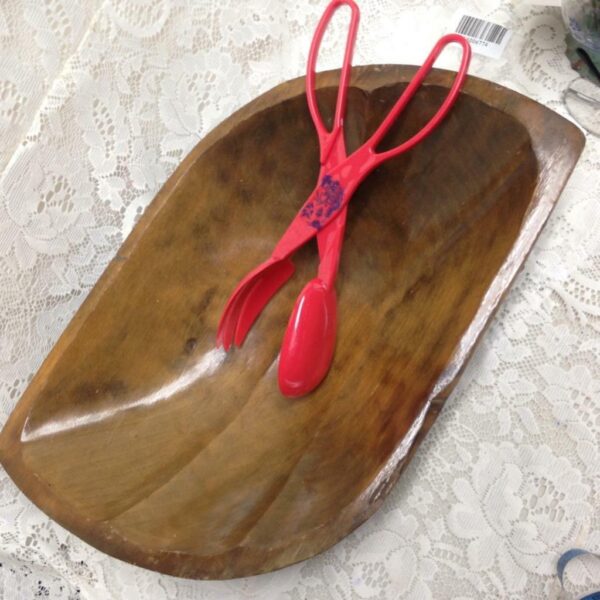 Vintage18.5inx12in Wooden Salad-Pasta Bowl w/ Red Blue Willow Salad-Pasta Tong