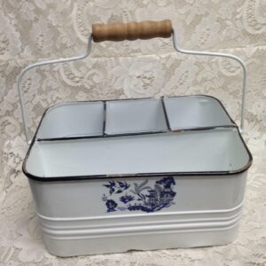 Blue Willow, White Enamelware Caddy 11in x 8in x 5.5in