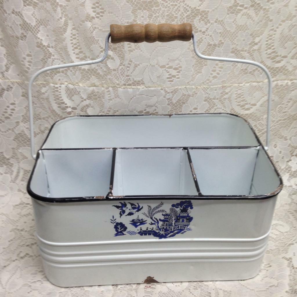 Blue Willow, White Enamelware Caddy 11in x 8in x 5.5in